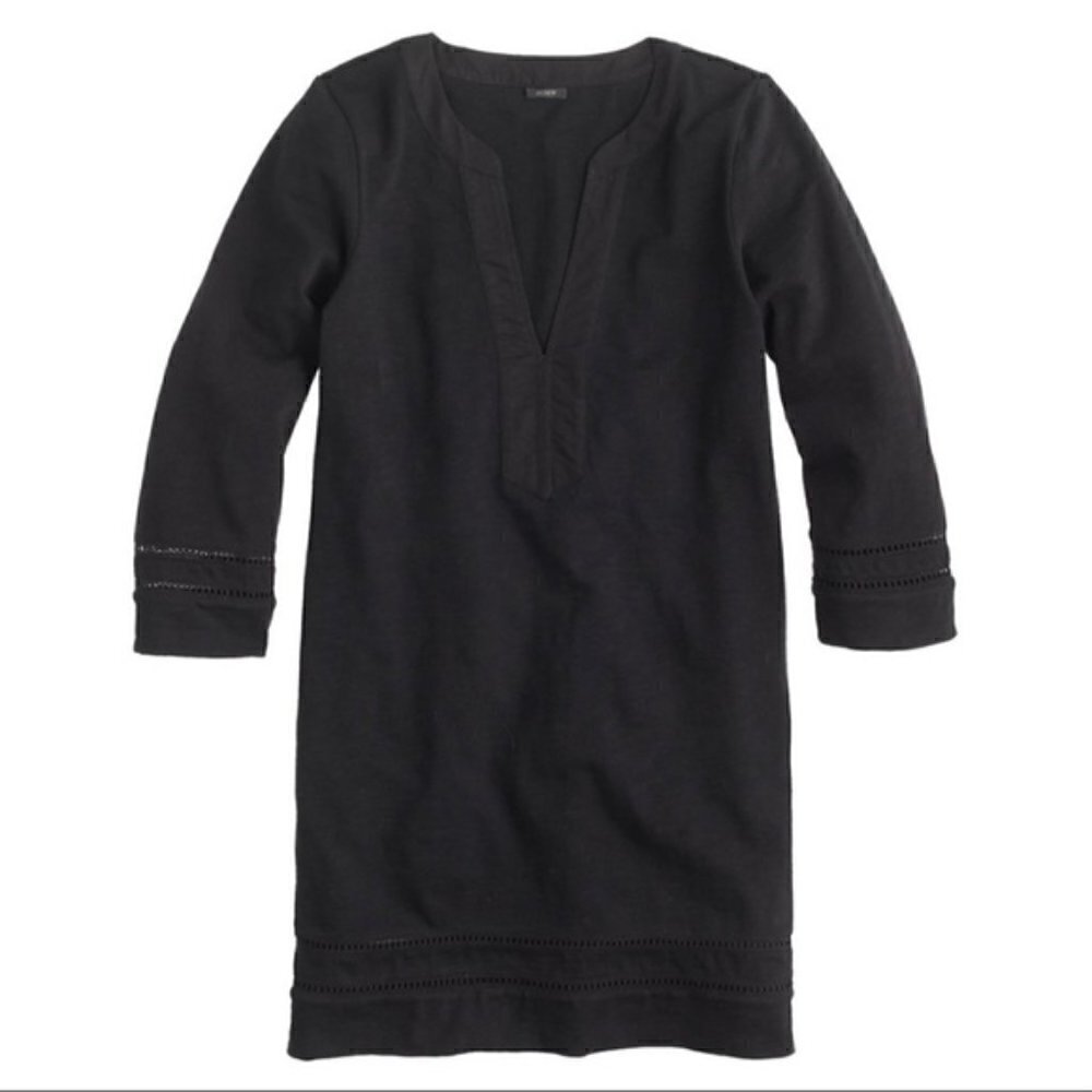 J.Crew XS Preppy Tunic Dress 3/4 Sleeves Black Eyelet V Neck Cotton Mini